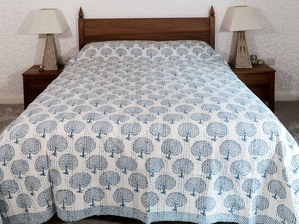 Indigo Trees Print Indian Kantha Bedspread