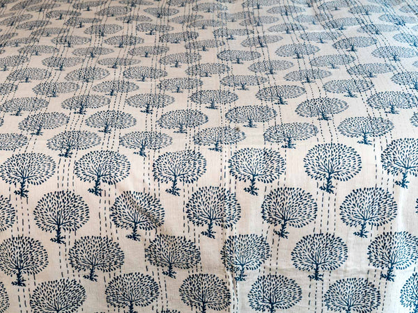 Indigo Trees Print Indian Kantha Bedspread