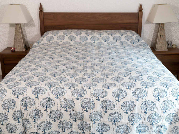 Indigo Trees Print Indian Kantha Bedspread