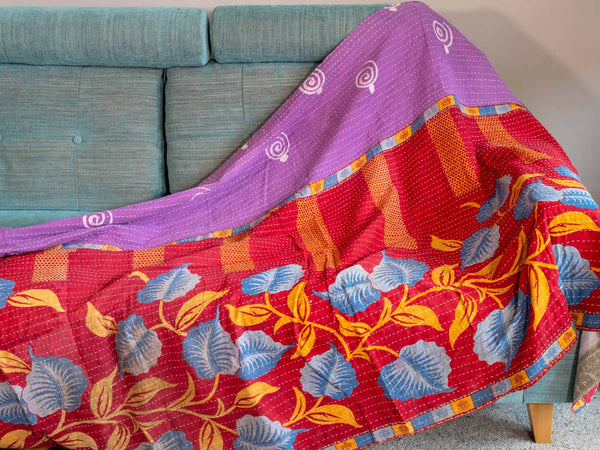 Large Blue Leaves on Red Kantha Throw