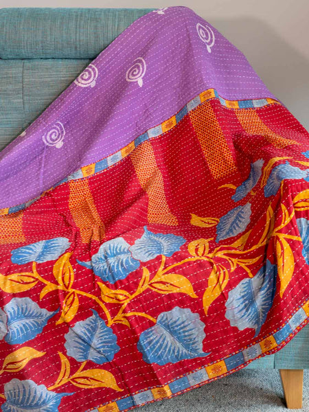 Large Blue Leaves on Red Kantha Throw