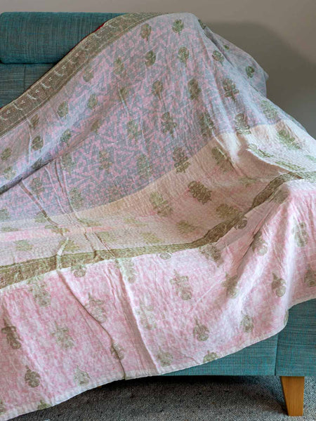 Large Blue Leaves on Red Kantha Throw  reverse