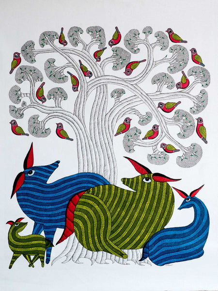 Large Gond Painting of Deer, Tree & Birds