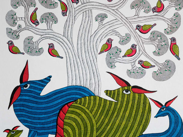 Large Gond Painting of Deer, Tree & Birds