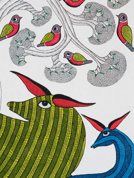 Large Gond Painting of Deer, Tree & Birds