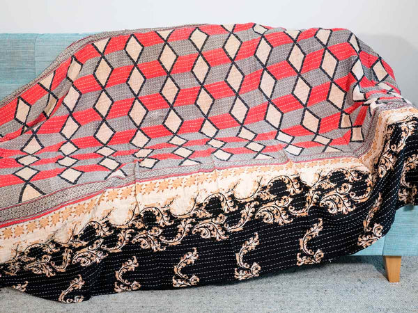 Ornate Black & Ivory Reversble Kantha Throw