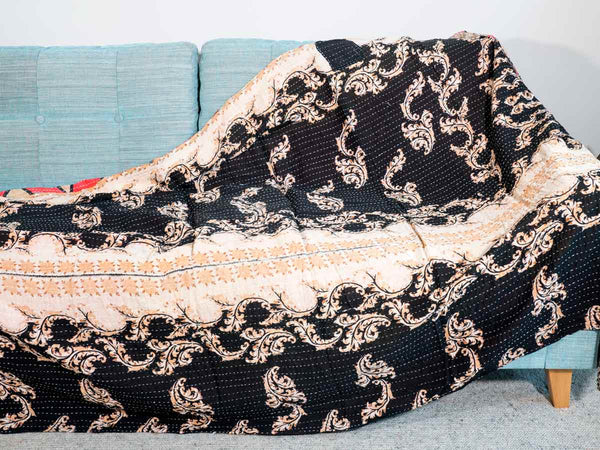 Ornate Black & Ivory Reversble Kantha Throw