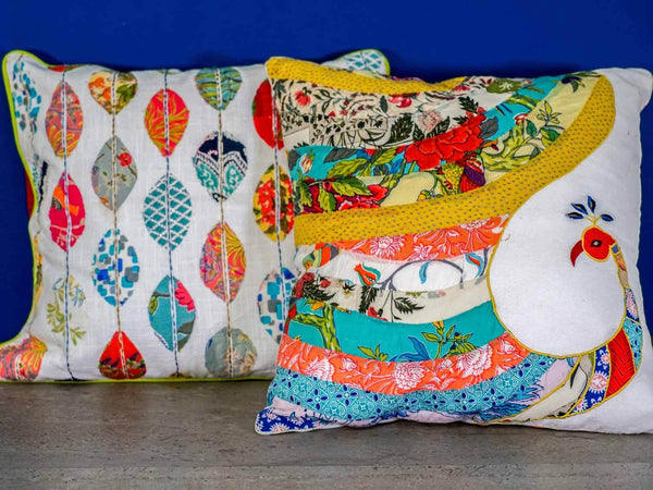 Peacock and Leaf Appliqued Cushion Covers