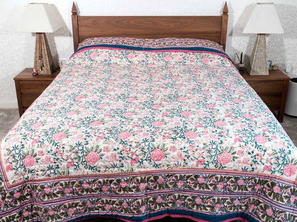 Pink Roses Reversible Soft Indian Quilt