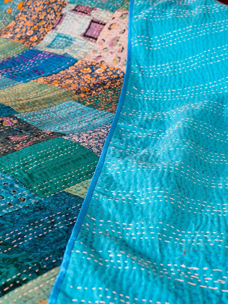 Silk Patchwork Indian Kantha Bedspread, Kingfisher Blue detail