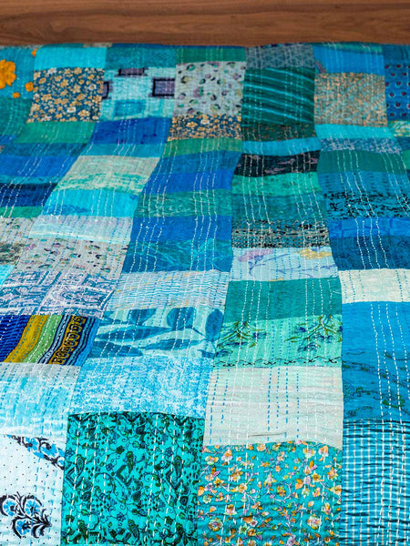 Silk Patchwork Indian Kantha Bedspread, Kingfisher Blue detail