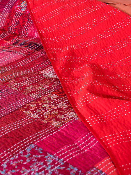 Silk Patchwork Indian Kantha Bedspread, Red, detail