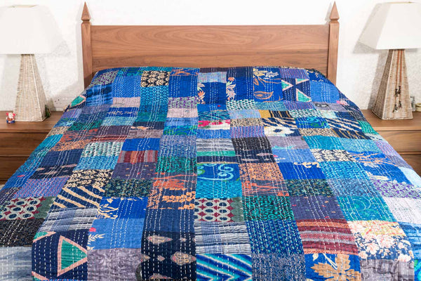 Vibrant Lapiz Stained Glass Silk Patchwork Indian Bedspread