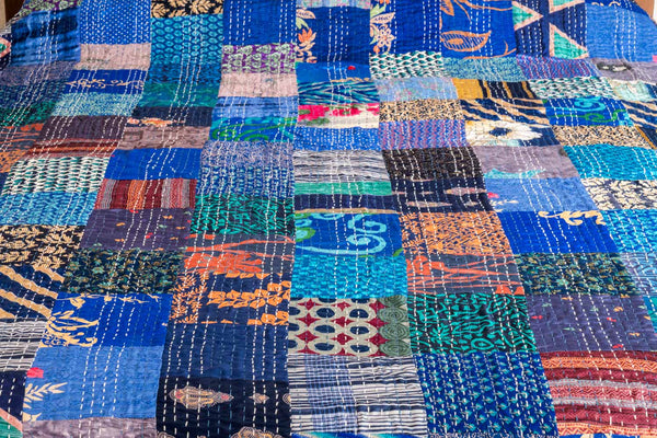 Vibrant Lapiz Stained Glass Silk Patchwork Indian Bedspread