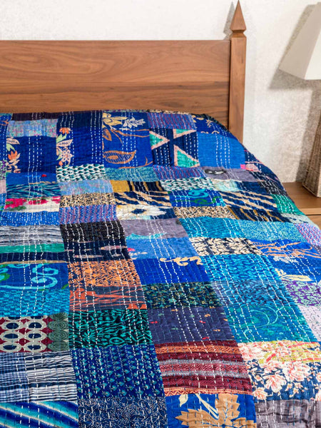 Vibrant Lapiz Stained Glass Silk Patchwork Indian Bedspread