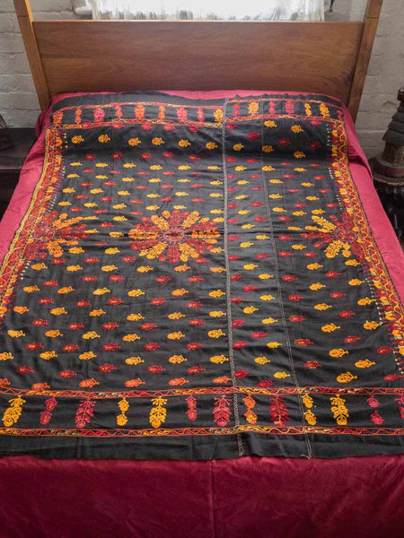 Gold & Plum Embroidered Black Bedcover
