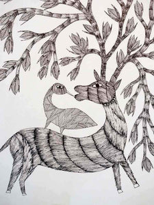 Gond Drawing of a Magical Deer and a Bird