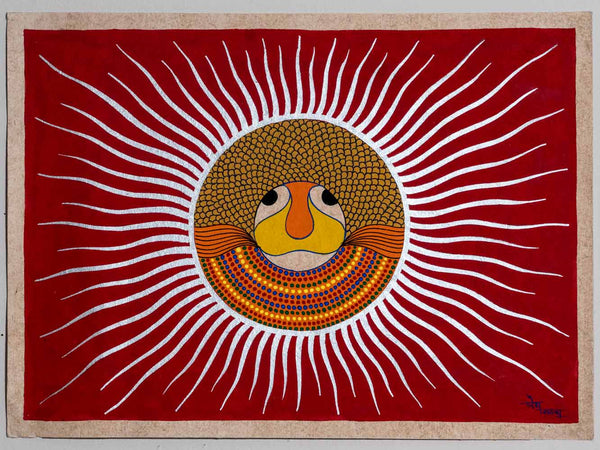 A dazzling Indian Folk Art Painting of a Sun Face