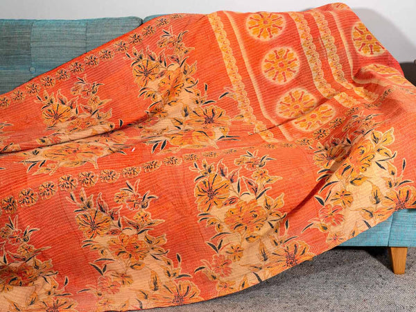 Apricot & Gold Flowers Kantha Throw