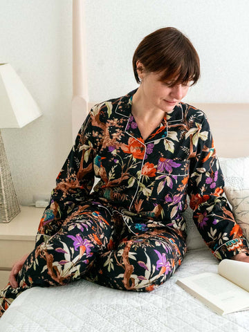 Black Floral Printed Cotton Pyjamasv