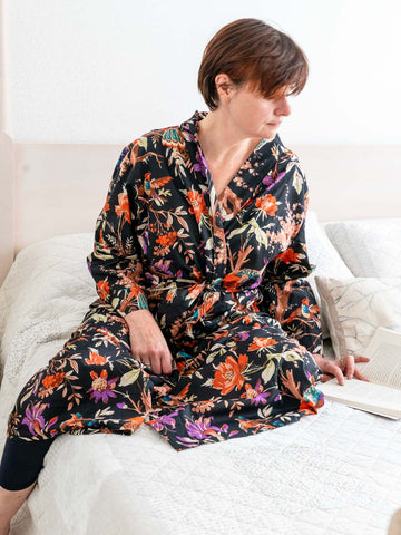 Black Floral Printed Cotton Robe