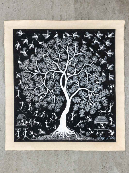 Black Warli Painting, Tree & Villagers