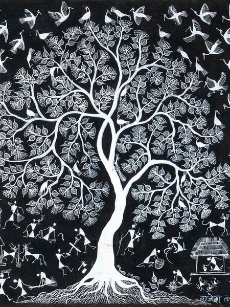 Black Warli Painting, Tree & Villagers
