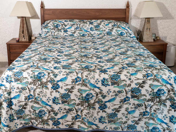 Blue Birds Reversible Dohar Indian Bedspread