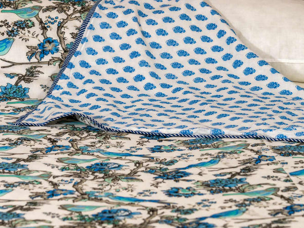 Blue Birds Reversible Dohar Indian Bedspread