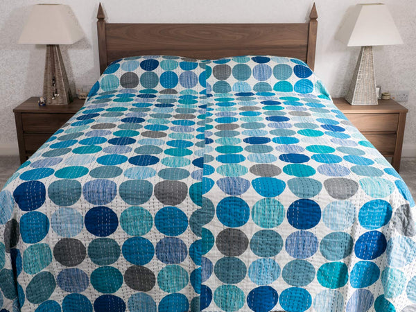 Blue Circles Printed Indian Bedspread