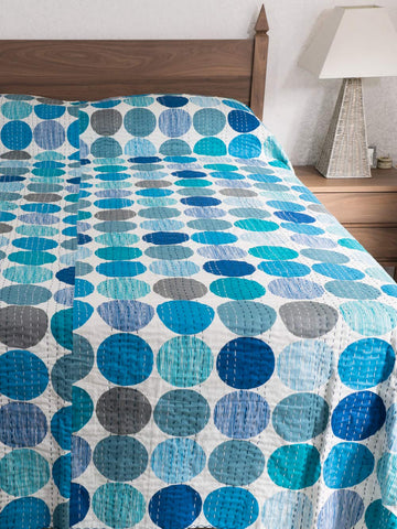 Blue Circles Printed Indian Bedspread