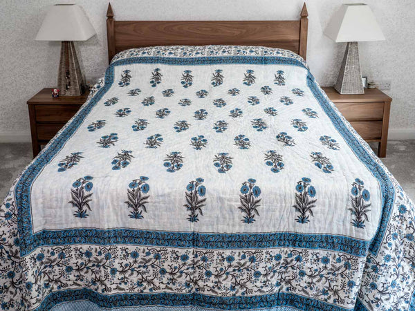 Blue Floral Print Reversible Indian Cotton Quilt