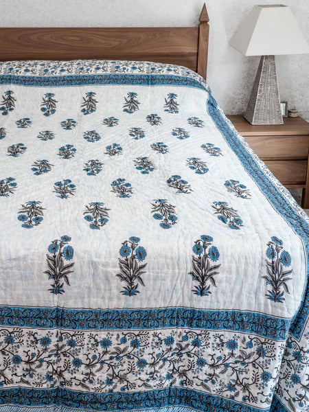 Blue Floral Print Reversible Indian Cotton Quilt