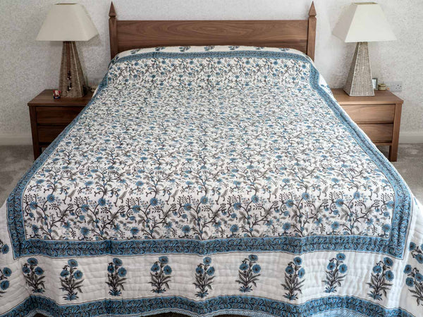 Blue Floral Print Reversible Indian Cotton Quilt