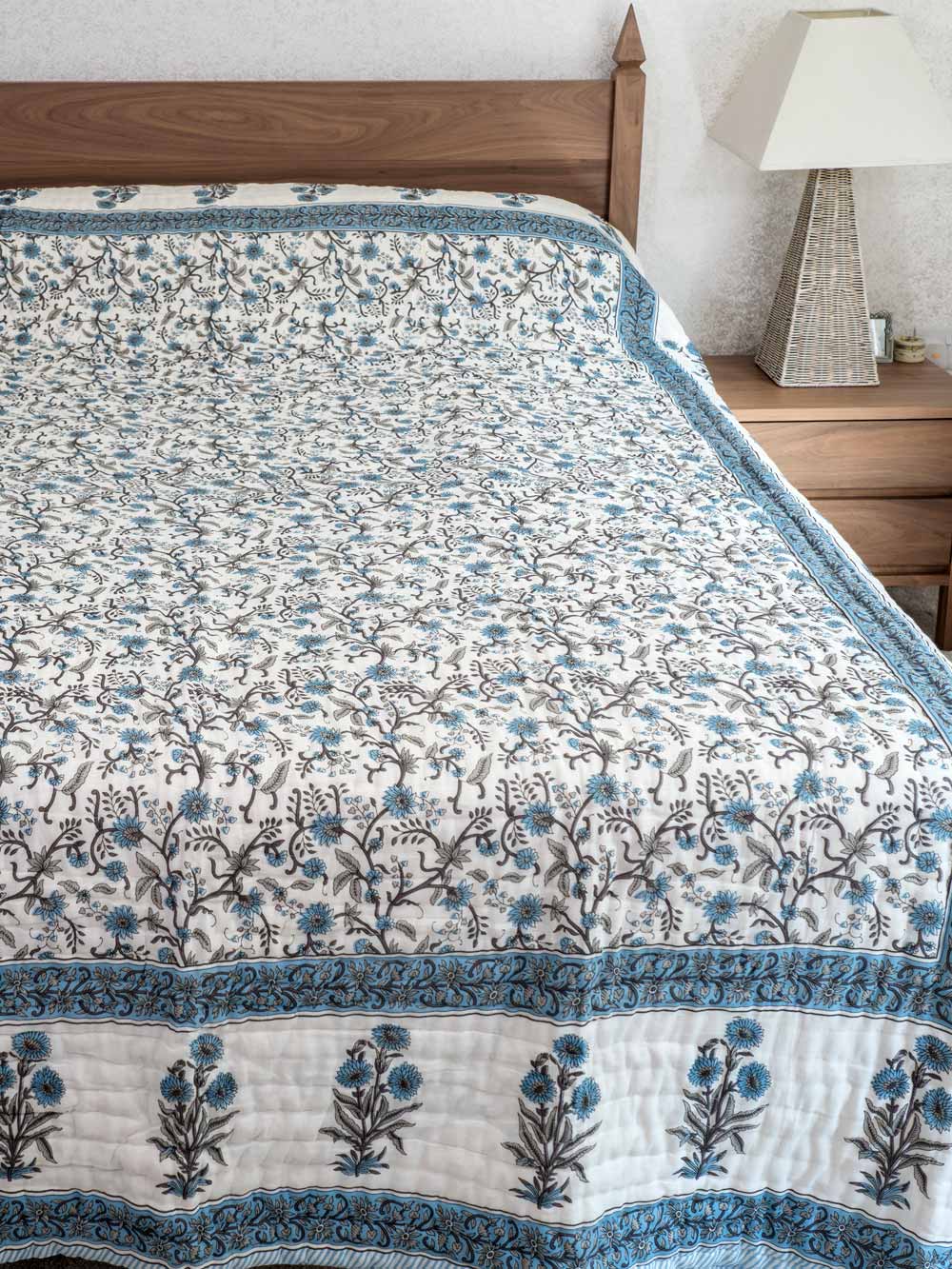 Blue Floral Print Reversible Indian Cotton Quilt