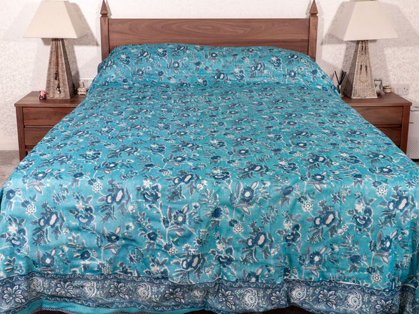 Blue Floral Reversible Dohar Indian Bedspread