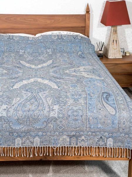 Blue Reversible Jacquard Woollen Bedspread