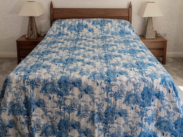 Blue Trees, Tigers & Birds Kantha Bedspread