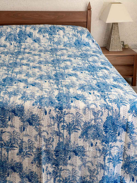 Blue Trees, Tigers & Birds Kantha Bedspread