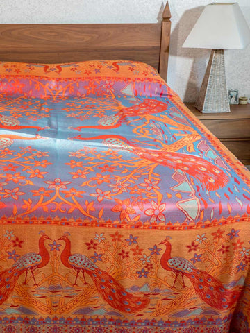 Blue & Apricot Peacocks Indian Bedspread