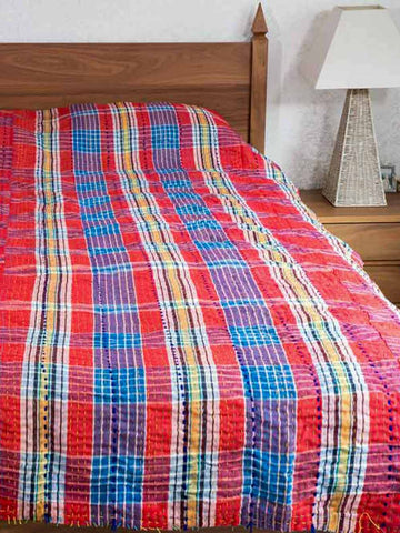 Blue & Red Check Indian Cotton Bedspread