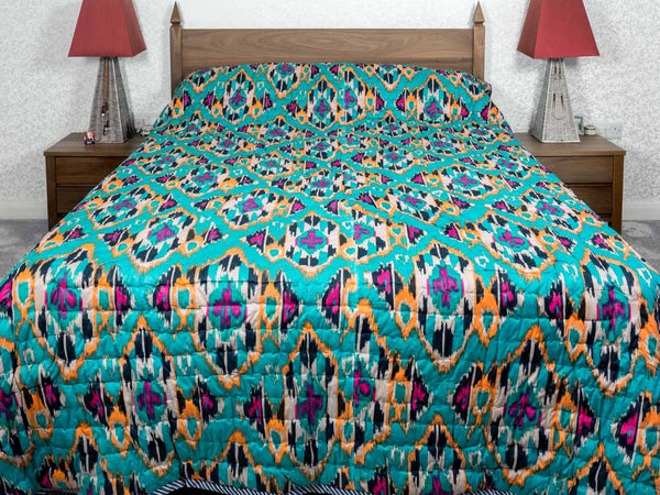 Blue & Turquoise Printed Icat Cotton Quilt 
