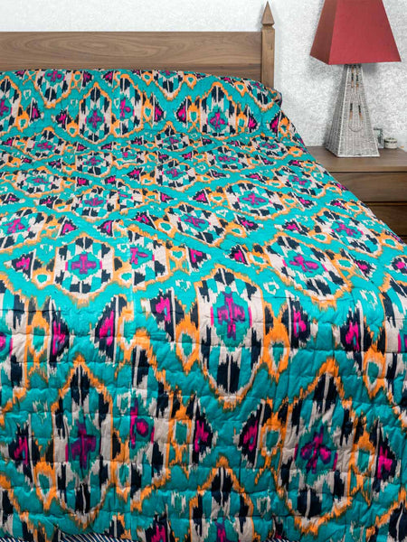 Blue & Turquoise Printed Icat Cotton Quilt 