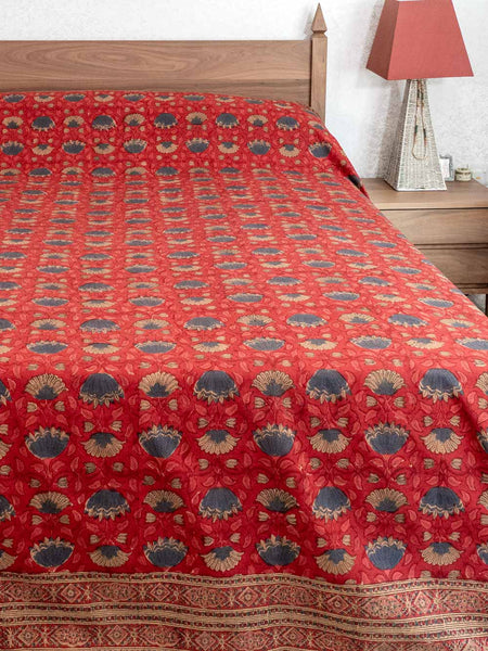 Blue on Red Floral Printed Indian Bedspread
