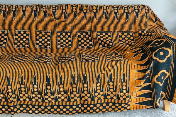 Bold Caramel & Black Patterned Kantha Throw