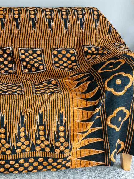 Bold Caramel & Black Patterned Kantha Throw