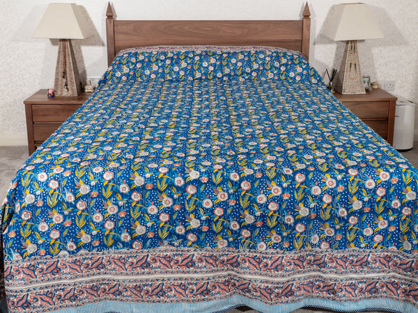 Bright Blue Reversible Dohar Indian Bedspread 