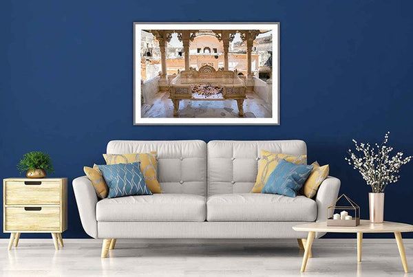 Framed photo of Marble Chaise at Bundi Palace in a blue walled contemporary living room