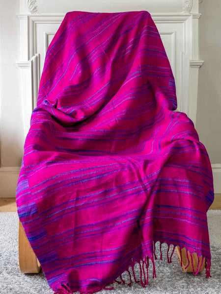 Cerise & Blue Striped Tibetan Blanket
