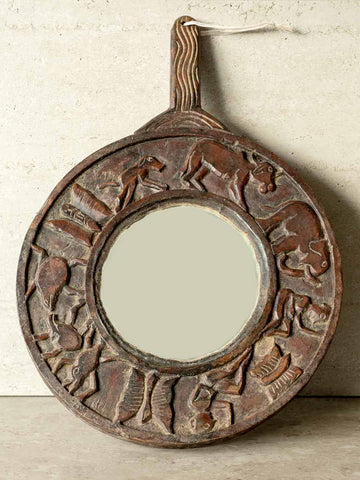 Circular Wooden Mirror with Carvings from Nepal